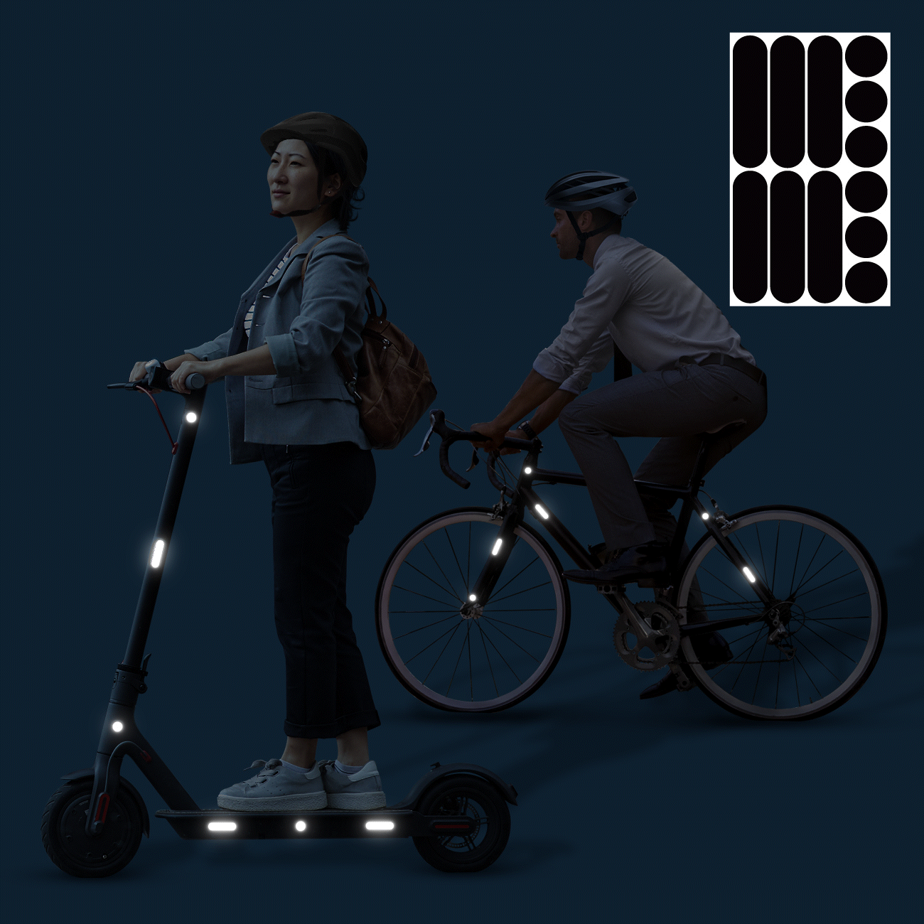 B REFLECTIVE Eco MULTI Kit 12 autocollants rétro réfléchissants Visibilité  de nuit Adhésif universel Stickers pour Vélo / Casque / Poussette / Jouets  Noir
